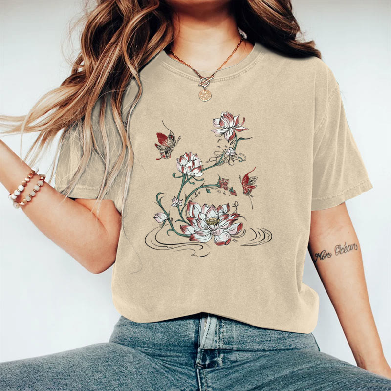 100% Cotton Women's Japanese Lovely Lotus & Butterfly Art Print Casual T-shirt - Khaki - 2XL - image 2