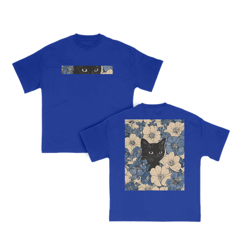 Black Cat In A Patchwork Flower Field Print T-shirt - Blue - US16-18(2XL) - image 8