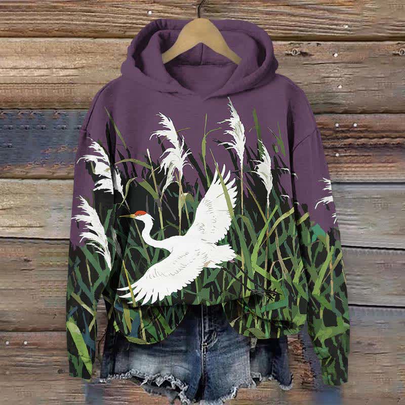 Japanese White Crane Flying Across Reed Marsh Print Long Sleeve Hoodie - Purple - US44-46(8XL) - image 4