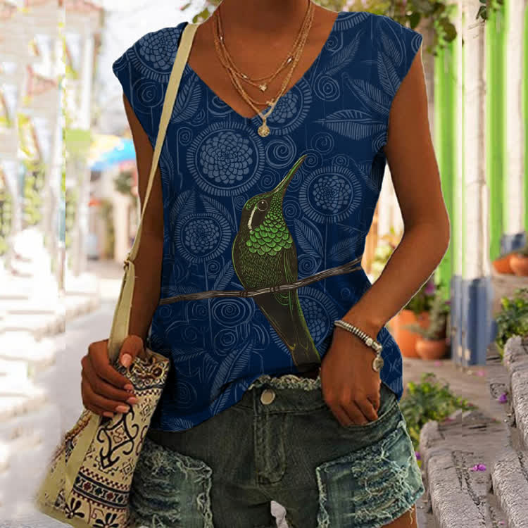 Vintage Geometric Flowers And Birds Pattern Print V-neck Tank Top - image 7