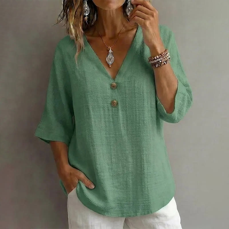 Casual Solid V-neck 3/4 Sleeve Blouse - Green - 3XL - image 5