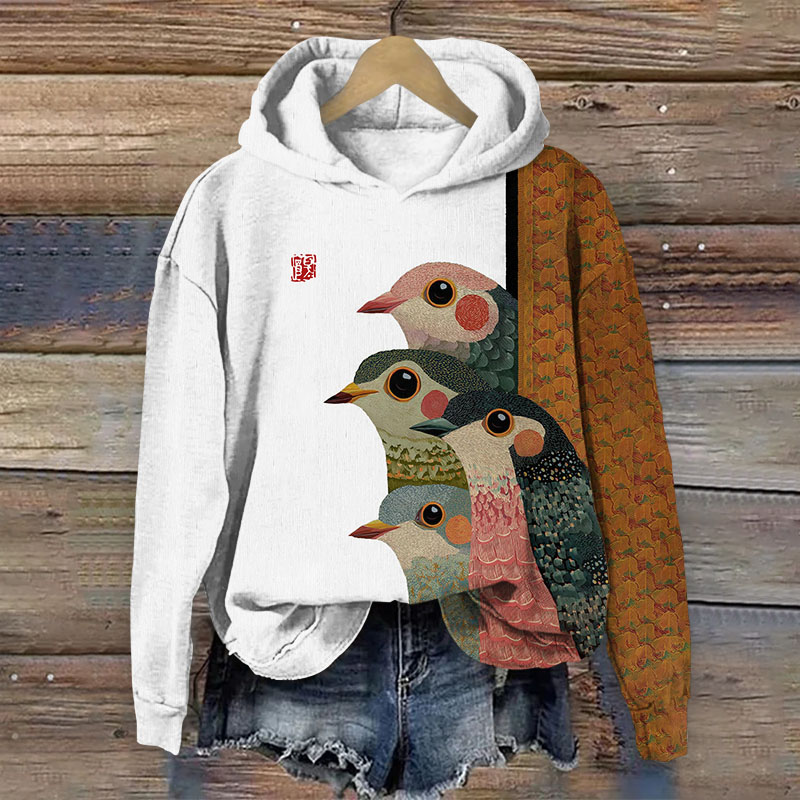 Japanese Retro Rainbow Birds Pattern Print Long Sleeved Hoodie - White - US44-46(8XL) - image 4