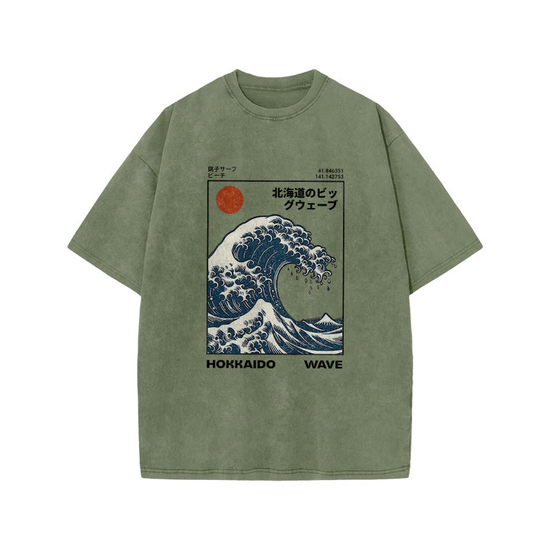 Unisex 100% Cotton Hokkaido Wave Vintage Print Acid Washed T-shirt - Olive Green - 3XL - image 3