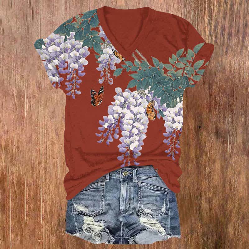 Japanese Watercolor  Lavender Blossom Art Print V-neck T-shirt - Red - US32-34(5XL) - image 6