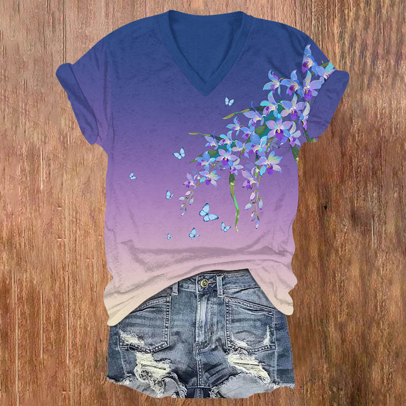 Vintage Ombre Violet Flowers Print V-neck T-shirt - Blue - US32-34(5XL) - image 2