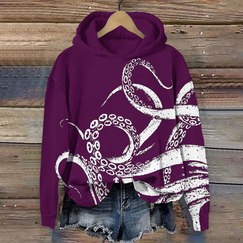 Contrast Octopus Tentacles Print Long Sleeve Hoodie - Purple - 8XL - image 4