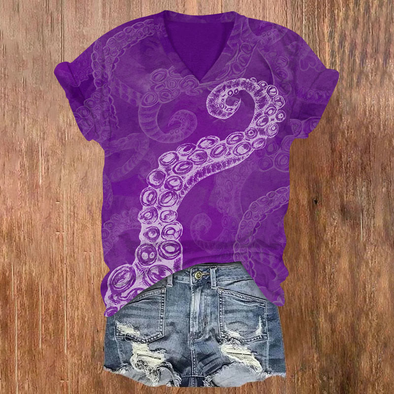 Octopus Print V-neck T-shirt - Purple - US32-34(5XL) - image 3