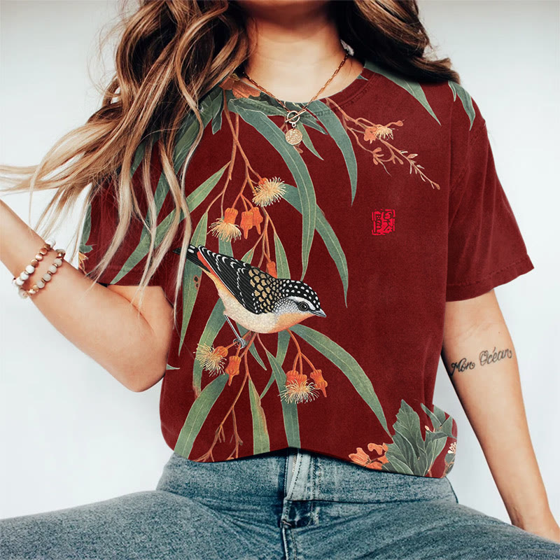 Japanese Vintage Little Bird Pattern Print Round Neck T-shirt - Red - US44-46(8XL) - image 5