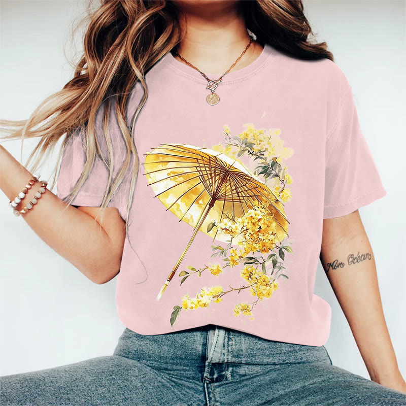 100% Cotton Women's Japanese Style Floral Umbrella Art Print Casual T-shirt - Pink - 2XL - image 3