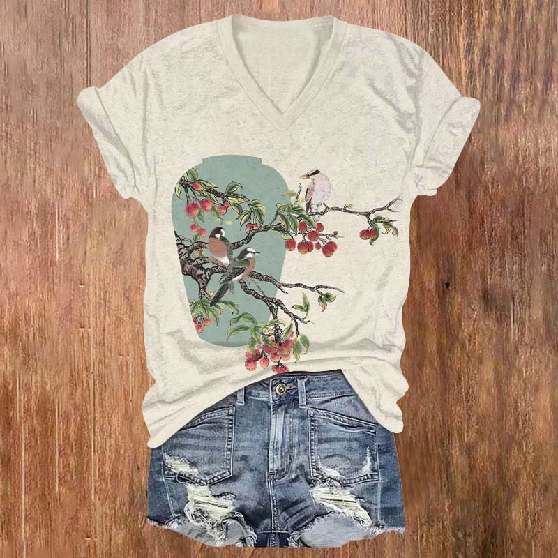 Vintage Birds On Fruit Tree Art Print V-neck T-shirt - Beige - US32-34(5XL) - image 2