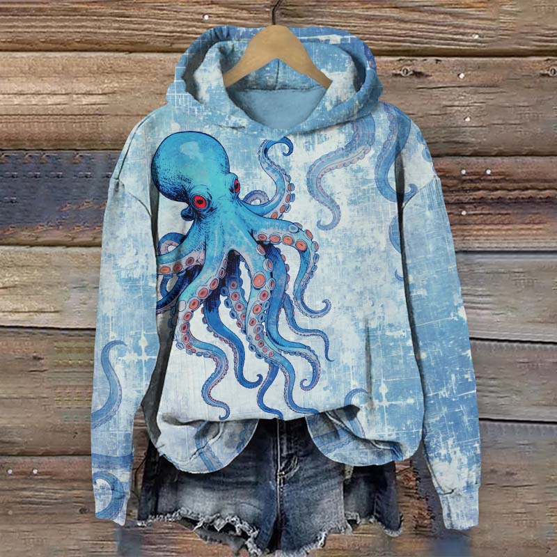Vintage Mystical Octopus Art Print Long Sleeve Hoodie - Blue - US44-46(8XL) - image 2