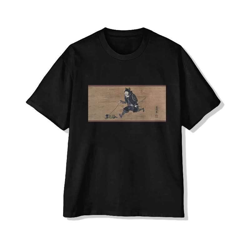 Unisex Japanese Retro Cute Walking Cat Classic Painting Art Pattern Cotton Print T-shirt - Black - US20-22(3XL) - image 4