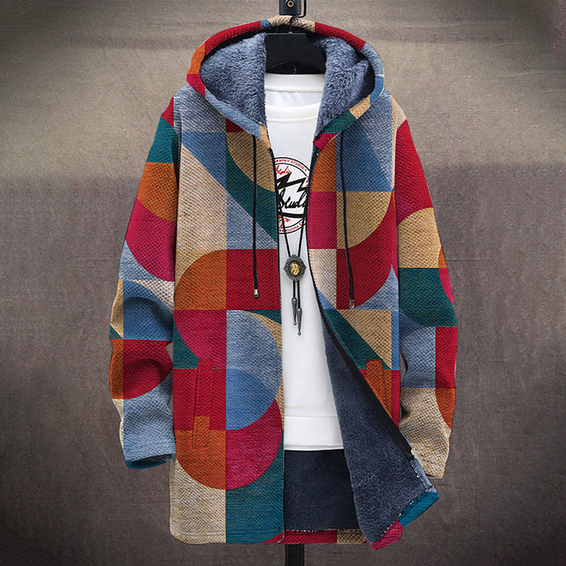 Retro Geometric Pattern Patchwork Print Unisex Plush Thick Long-sleeved Fleece Jacket Coat - image 2