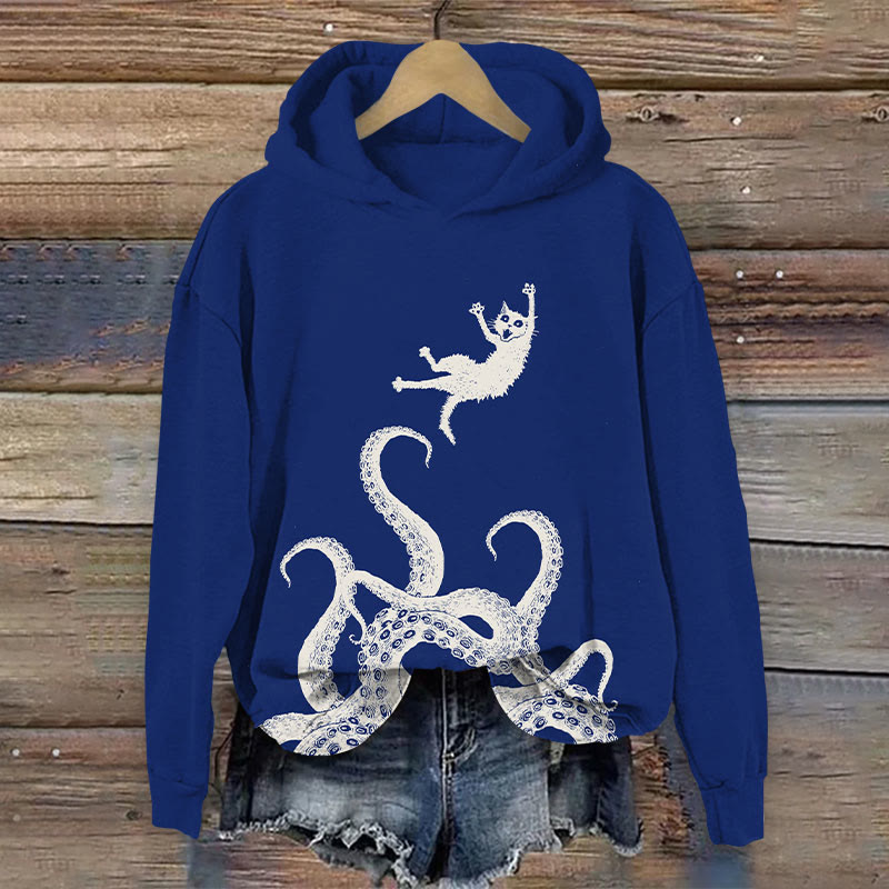 Fun Cat Thrown By Octopus Print Long Sleeve Hoodie - Blue - US44-46(8XL) - image 3