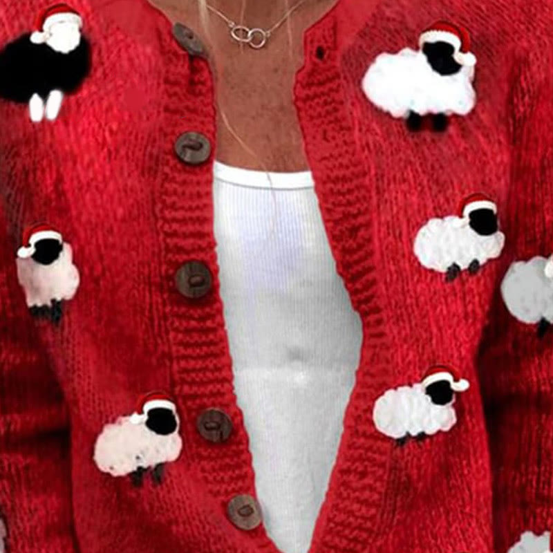 Lovely Christmas Sheep Art Print Buttoned Cardigan Sweater - image 3