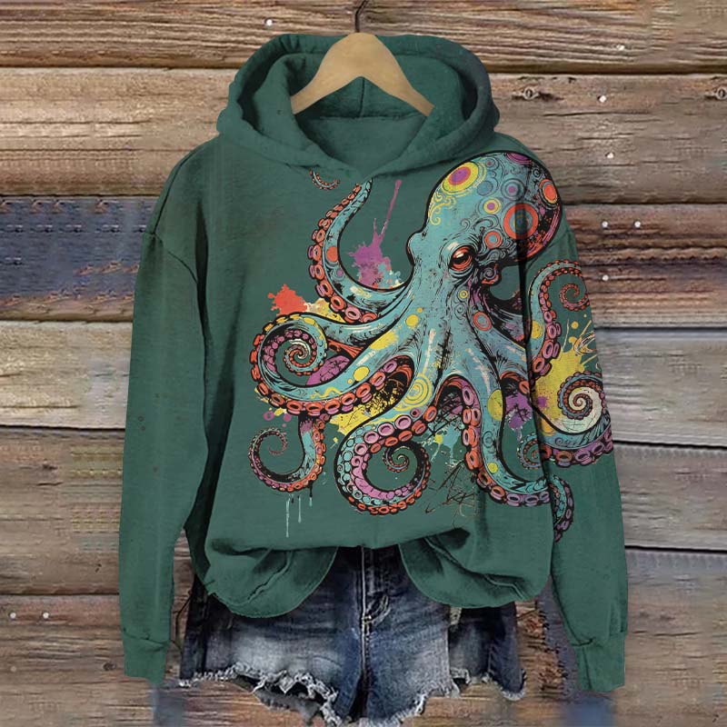 Colorful Geometric Octopus Art Print Long Sleeve Hoodie - Green - US44-46(8XL) - image 2
