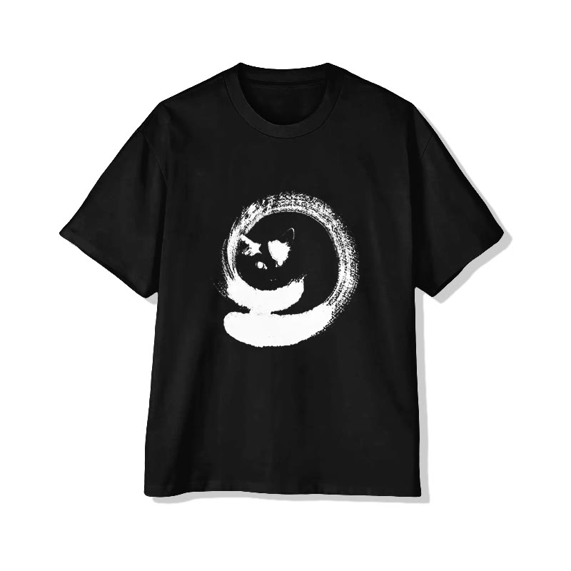 Unisex Cute Cat Japanese Art Short Sleeve Crew Neck T-shirt - Black - 2XL - image 4