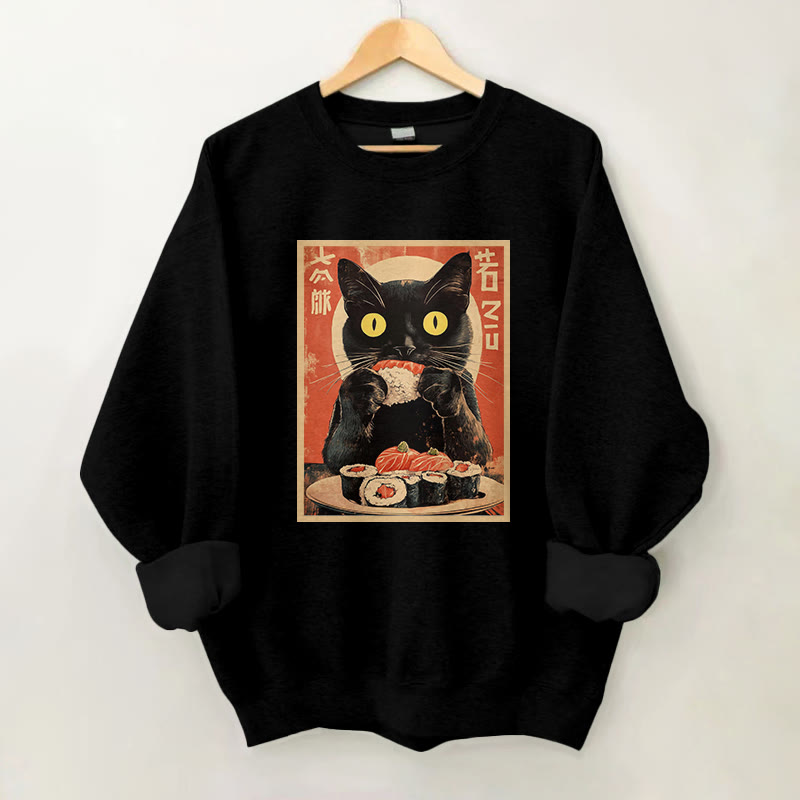 100% Cotton Cat Sushi Lover Print Round Neck Casual Fleece Sweatshirt - Black - 2XL - image 4