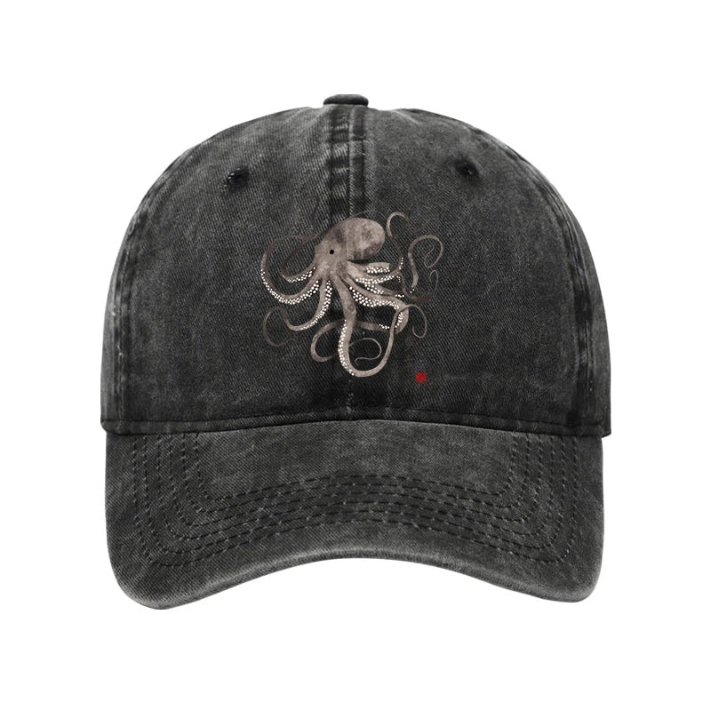 Unisex 100% Cotton Octopus Japanese Calligraphy Vintage Print Cap - Black - one size - image 7