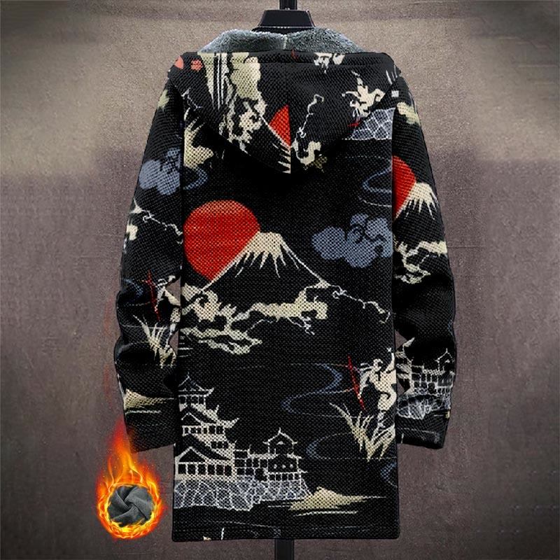 Japanese Moonlight Village Pattern Print Unisex Plush Thick Long-sleeved Fleece Jacket Coat - image 3