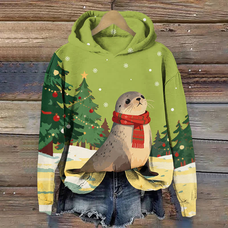 Christmas Winter Snowy Seal With Scarf Art Print Long Sleeve Hoodie - Green - US44-46(8XL) - image 5