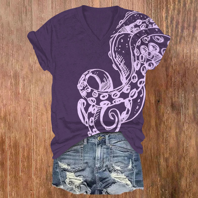 Fluorescent Line Octopus Tentacles Print V-neck T-shirt - Purple - US32-34(5XL) - image 2