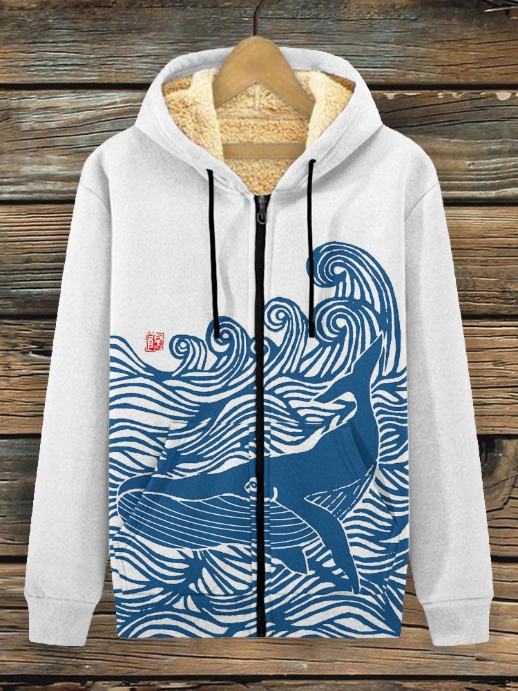 Whale & Waves Ancient Japanese Art Print Fleece Jacket