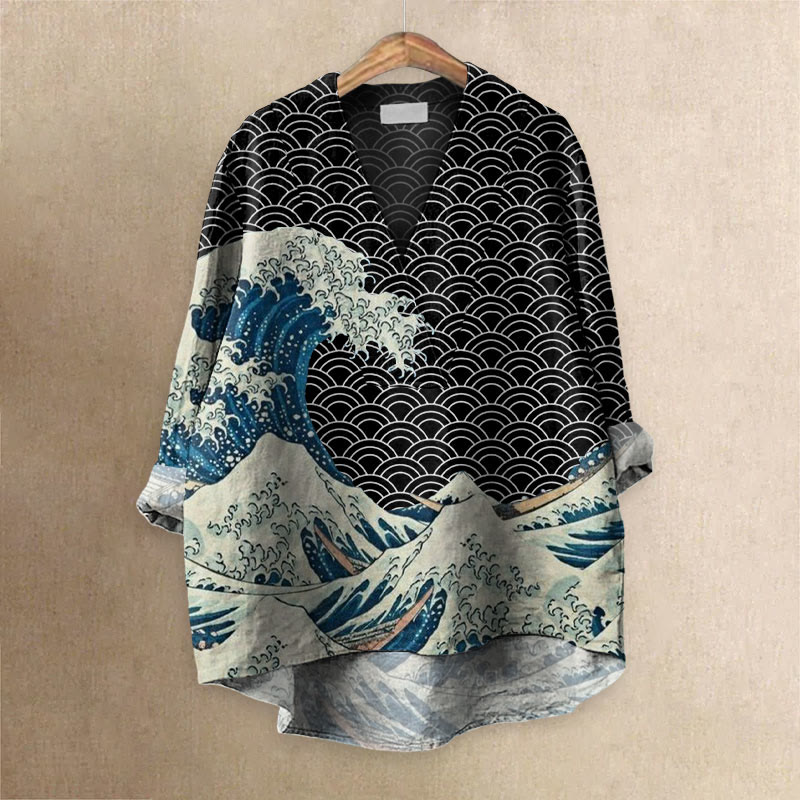 The Great Wave Off Kanagawa Inspired Japanese Art Print Casual V-neck Blouse - Black - 6XL - image 2