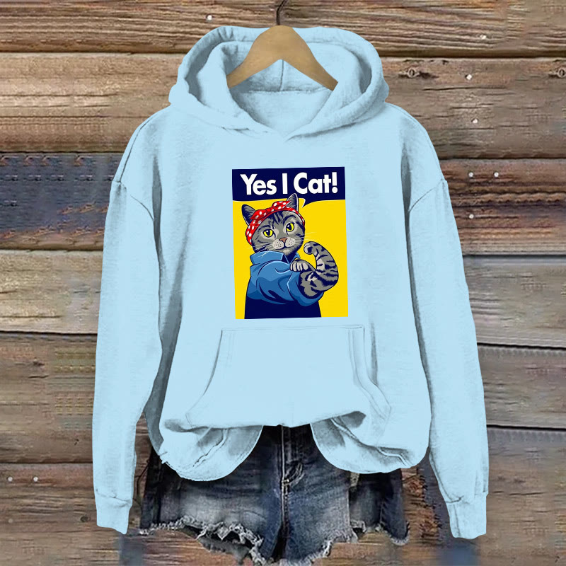 100% Cotton Funny Yes I Cat Print Women's Hoodie - Light Blue - 2XL - image 7