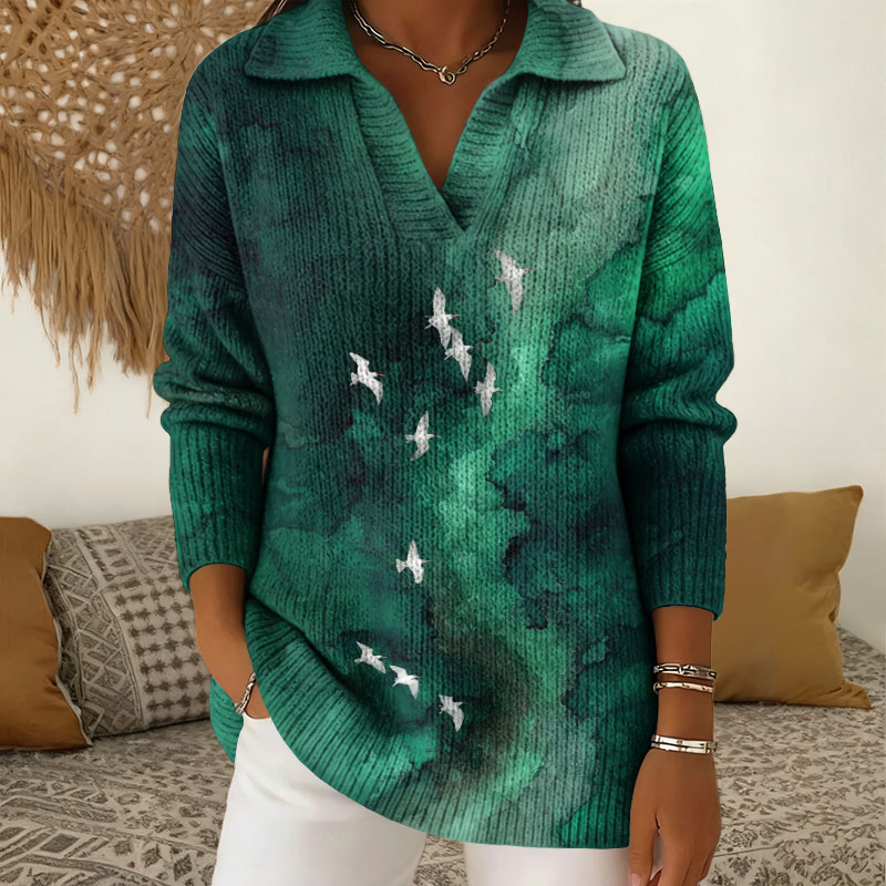 Gradient Watercolor Ocean Crane Pattern Polo Collar Long Sleeved Sweater - Dark Green - 5XL - image 1