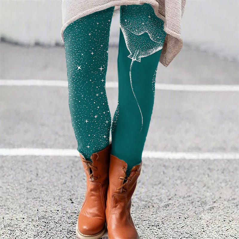 Starry Spotted Eagle Rays Print Leggings - Green - 5XL - image 2
