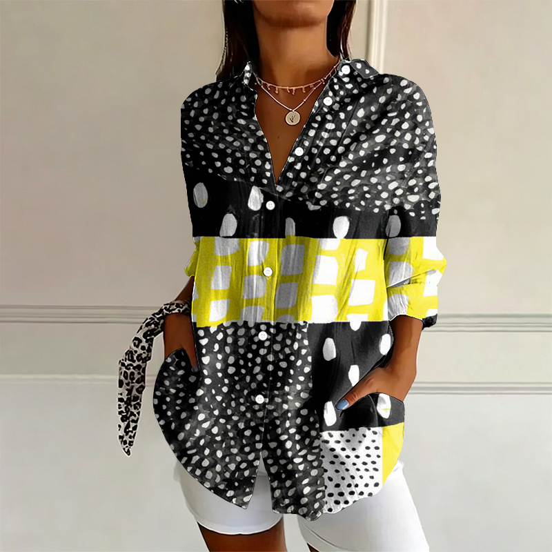 Geometric Color Blocking Pattern Print Long Sleeve Blouse - Black - 4XL - image 1