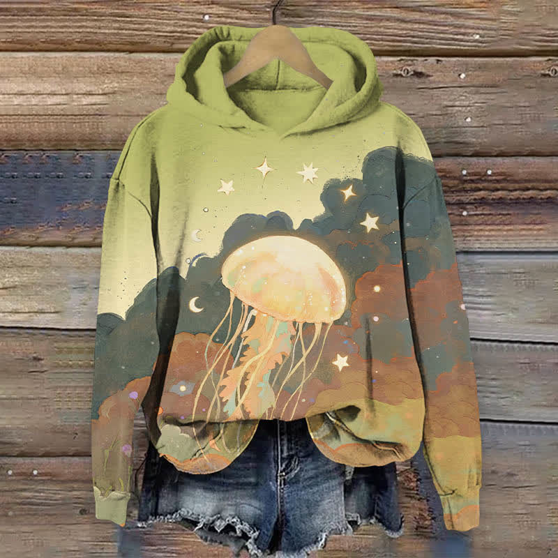 Oil Painting Star & Moon Around Jellyfish Print Long Sleeve Hoodie - Green - US44-46(8XL) - image 4