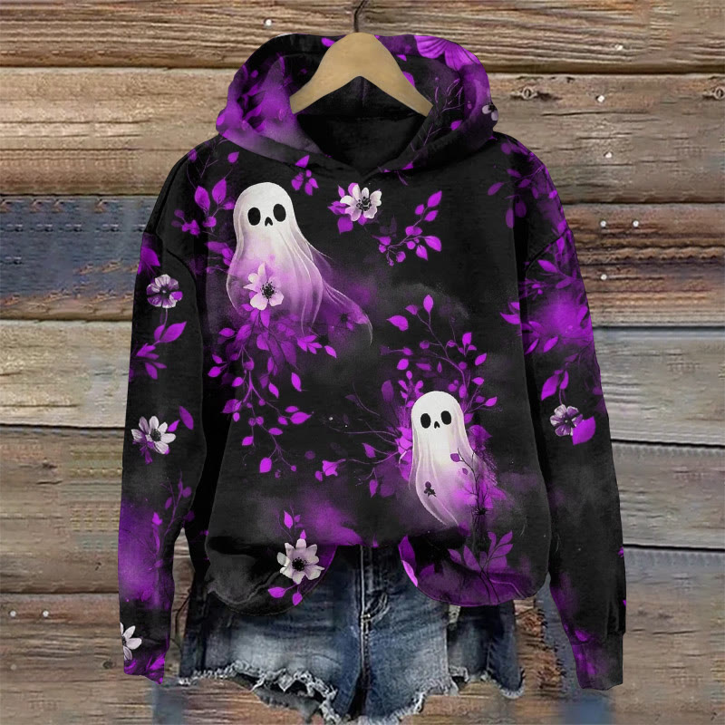 Ghost In The Flowers Halloween Print Long Sleeve Hoodie - Purple - US44-46(8XL) - image 3