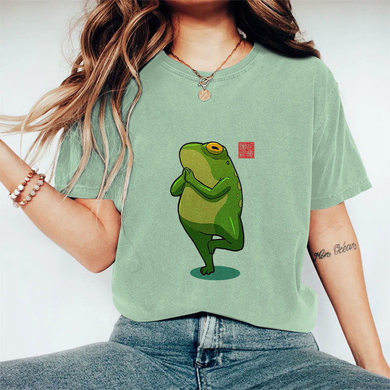 100% Cotton Funny Frog Yoga Art Print Casual T-shirt - Light Green - 2XL - image 6