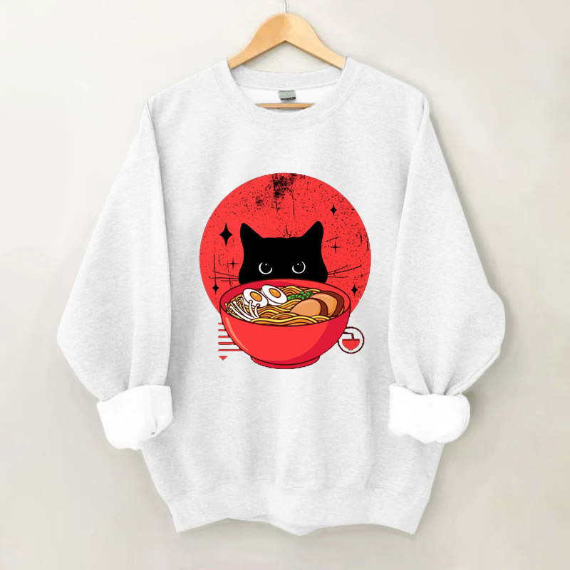 100% Cotton Japanese Cute Cat And Ramen Print Crew Neck Sweatshirt - White - 2XL - image 4