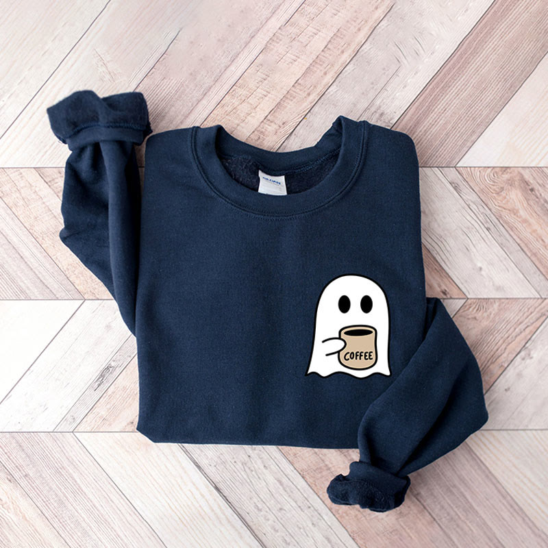 Plus Size Cute Ghost Coffee Sweatshirt Women Ghost Sweatshirt Ghost Season - Dark Blue - 5XL - image 7