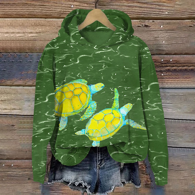 Lovely Watercolor Cartoon Swimming Sea Turtle Print Long Sleeve Hoodie - Green - US44-46(8XL) - image 2