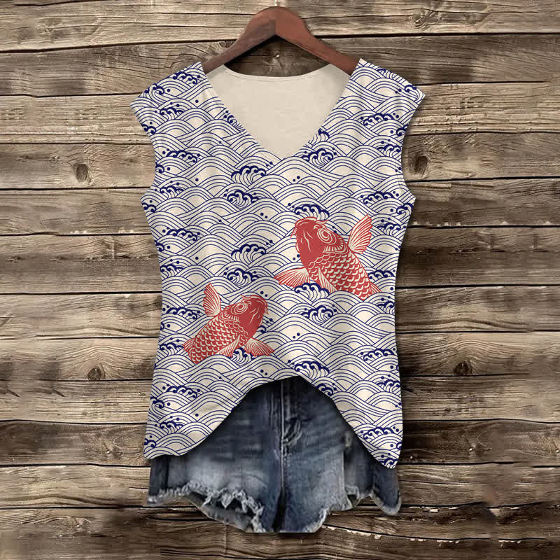 Women's Japanese Wave & Red Koi Art Print V-neck Tank Top - Royal Blue - 5XL - image 3