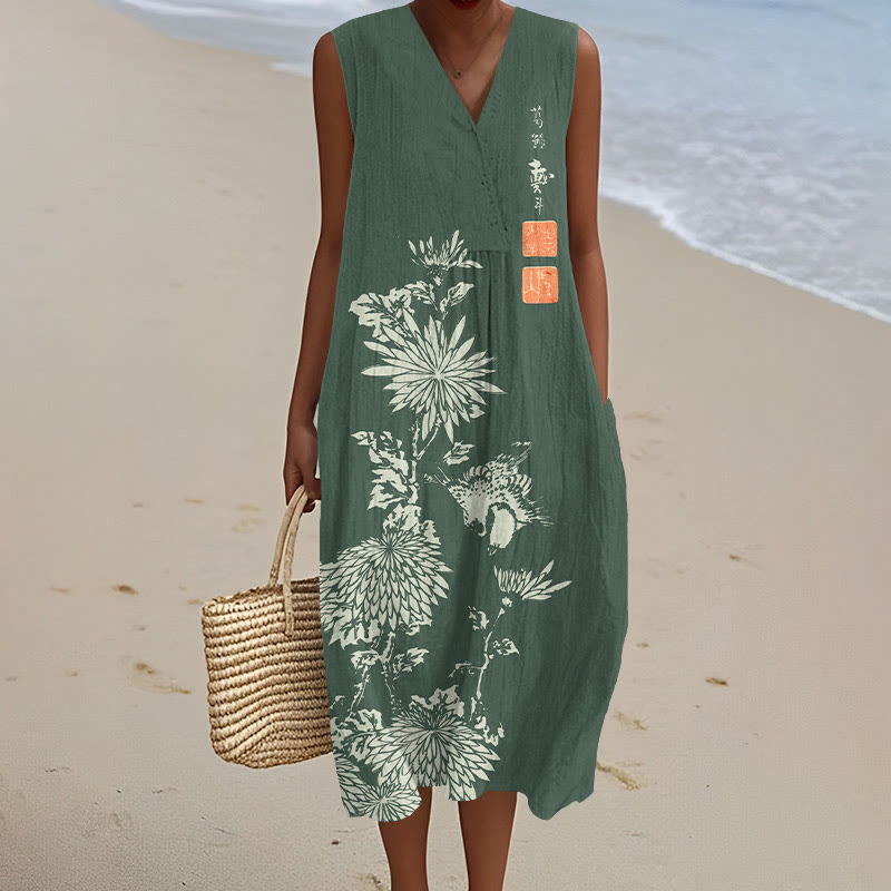 Vintage Chrysanthemum Art Print V-neck Sleeveless Dress - Green - 5XL - image 5