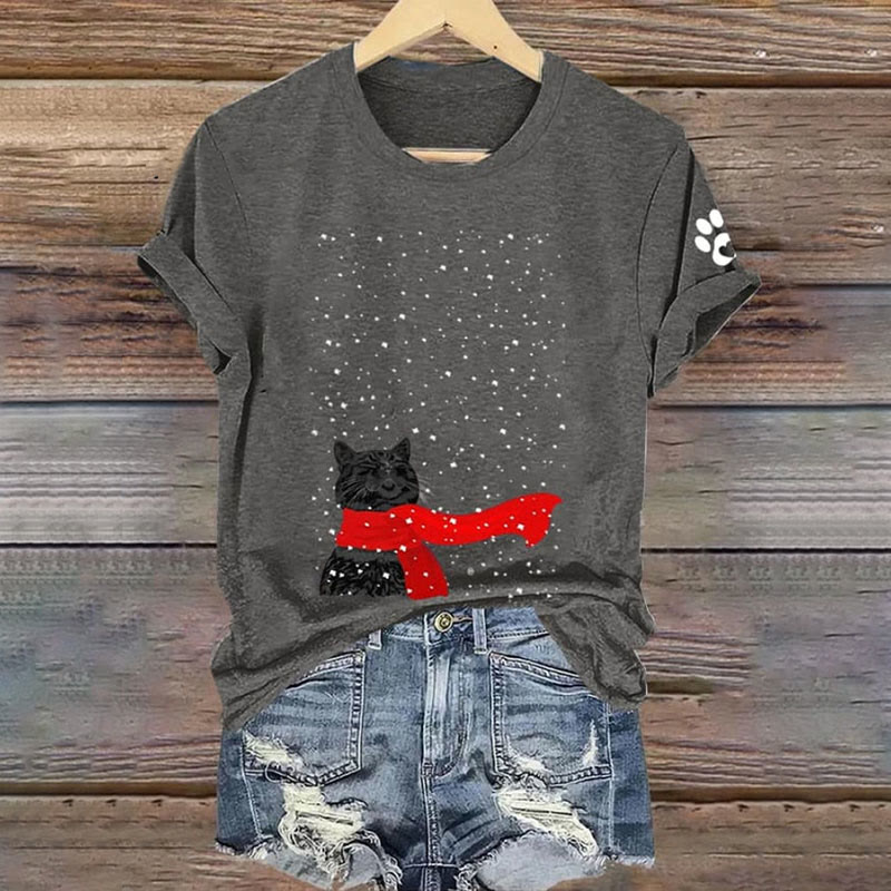 Women's Christmas Cute Kitten Print Round Neck T-shirt - Grey - 8XL - image 3