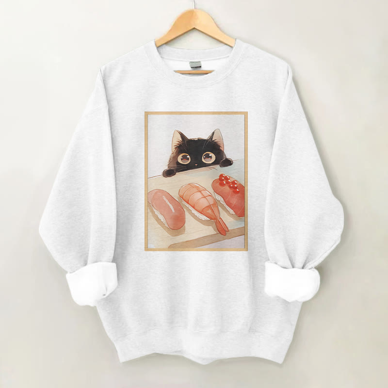 100% Cotton Cute Cat Watching Sushi Print Round Neck Casual Fleece Sweatshirt - White - 2XL - image 2