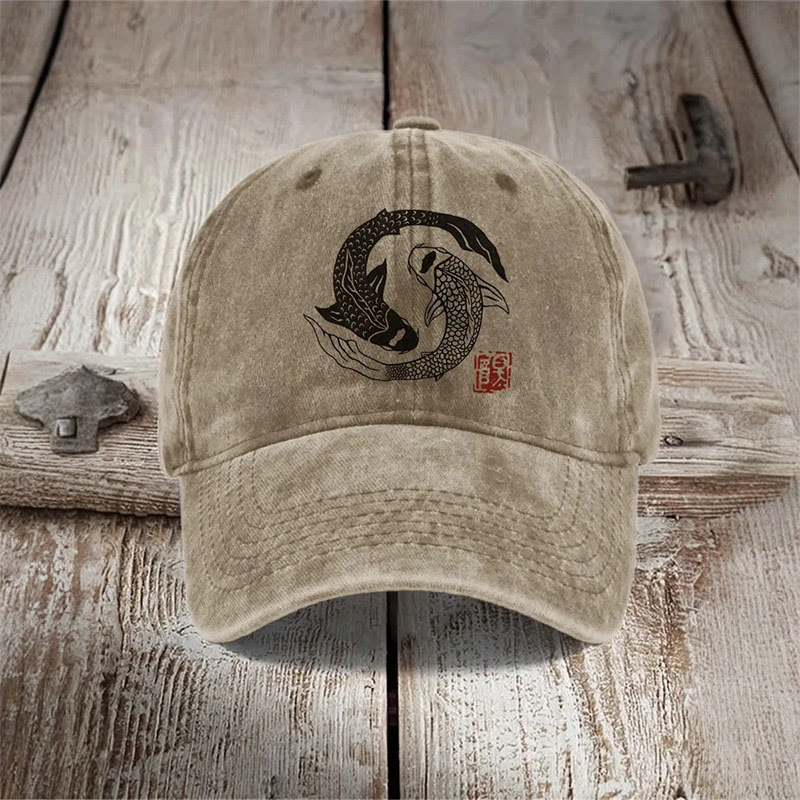 Carp Fish Contrast Japanese Lino Art Print Washed Cap - Khaki - one size - image 3