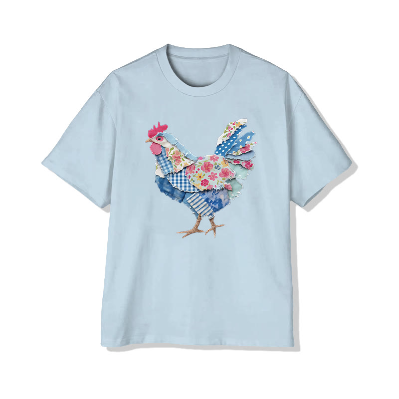 Animal Friends Chicken Flakes Print Pattern Cotton Print T-shirt - Light Blue - US16-18(2XL) - image 13