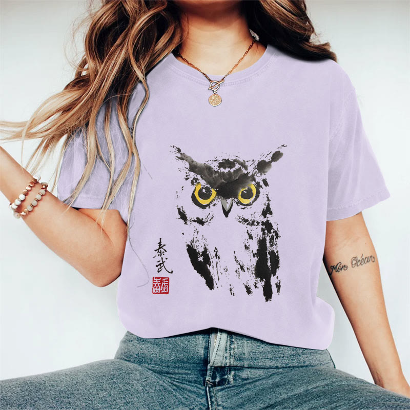 100% Cotton Women's Owl Art Print Casual T-Shirt - Purple - 2XL - image 9