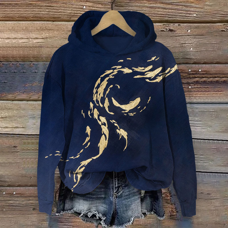 Oil Painting Whale Painting Long Sleeve Hoodie - Blue - 8XL - image 1