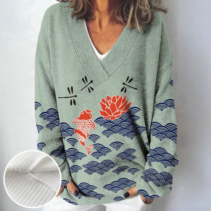 Japanese Style Koi Fish Dragonfly Wave Art Print Causal V-neck Pullover Sweater - image 11