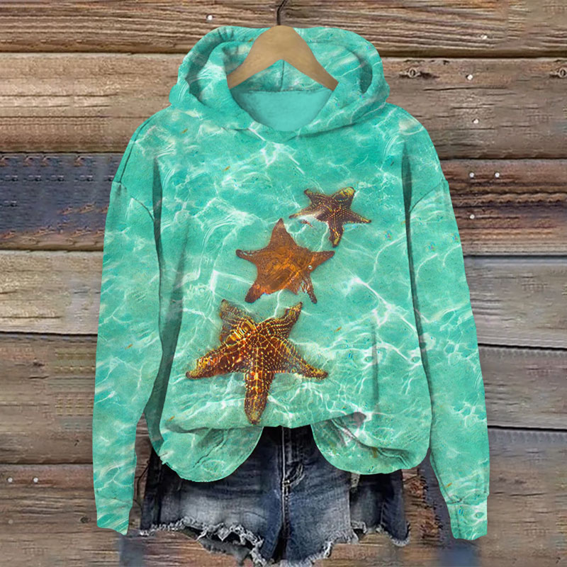 Crystal Clear Ocean Starfish Print Long Sleeve Hoodie - Green - US44-46(8XL) - image 3