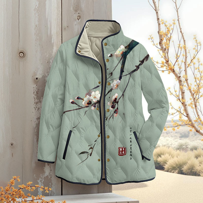 Vintage Plum Blossom Art Print Outerwear Jackets - Green - 4XL - image 3