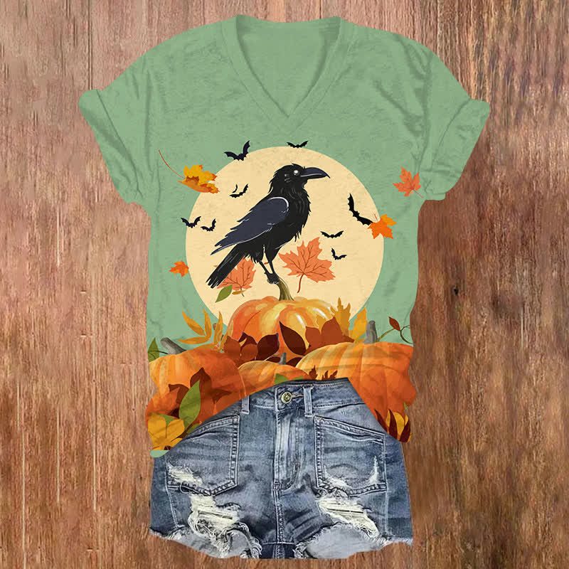 Halloween Crow Standing On Pumpkin Bush & Maple Leaves Print V-neck T-shirt - Green - US32-34(5XL) - image 4
